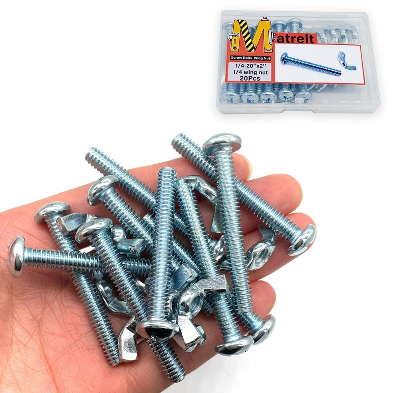 Matrelt 20Pack 1/4"-20 x2 Screw Bolts and Wing Nut Kit 10pcs Machine Screws with Round Head Phillips 10pcs Butterfly Hand Twist Tighten Nut Zinc Plated Hardware Fitting Fastenings Assortment Kit - Image 1
